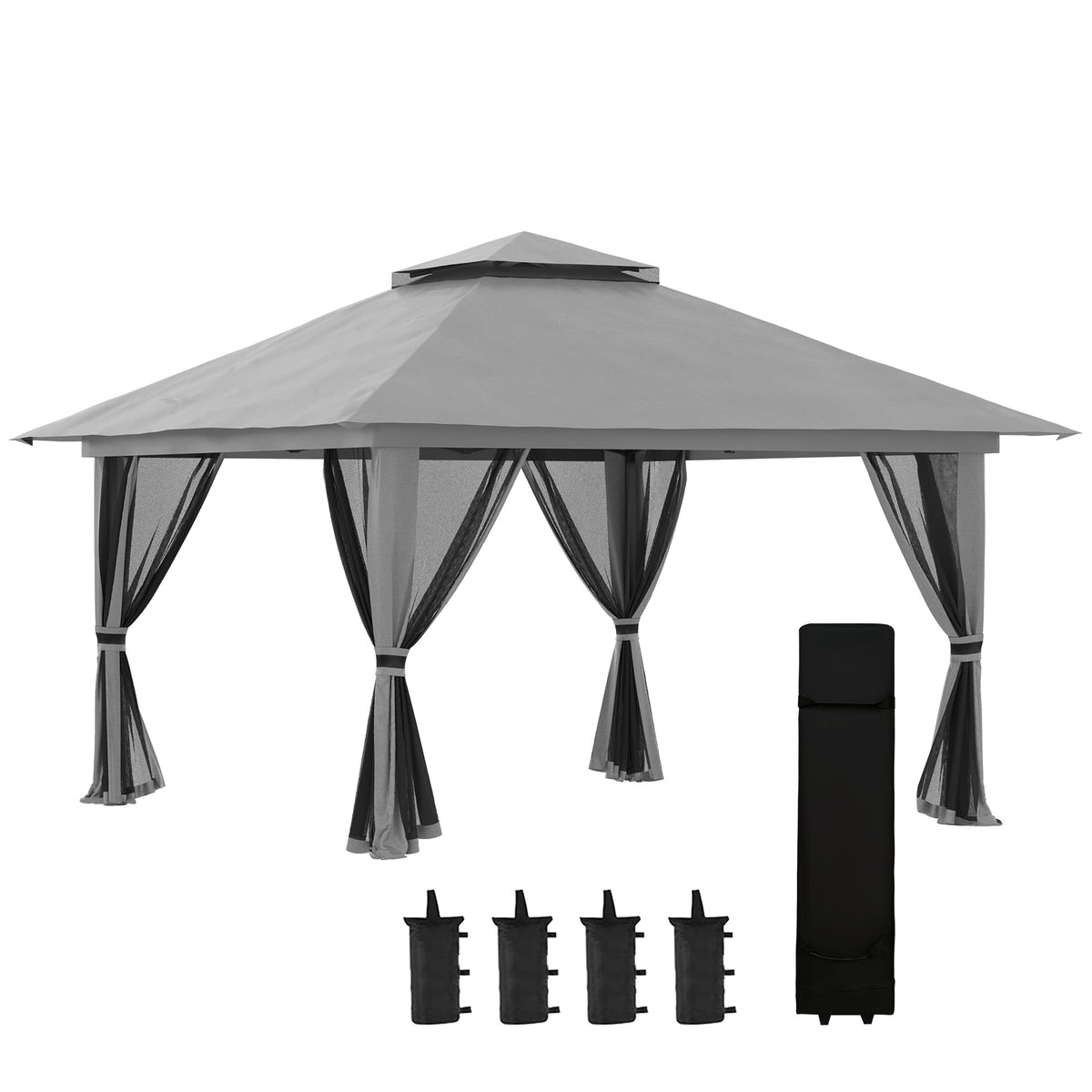 Outsunny Faltpavillon, höhenverstellbar, 4 Netzwände, Lüftungsdach, Tragetasche, Schnellaufbau, dunkelgrau, 4