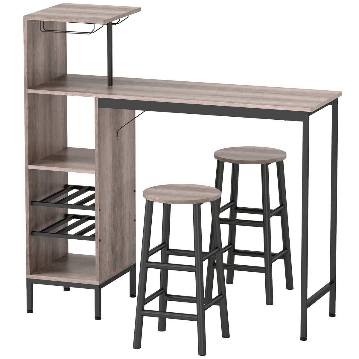 HOMCOM 3-tlg. Bartisch-Set mit Stauraum, Weinregalen, Glashaltern, Hockern mit Fußstütze, für kleine Räume
