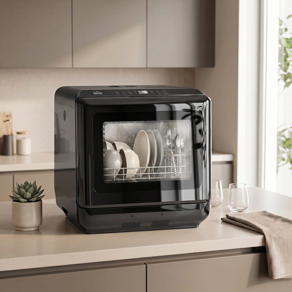 HOMCOM Tischgeschirrspüler, mit integriertem 6-Liter-Wassertank, 5 Programmen, 4 Gedecke, LED-Display – Produktabbildung 2