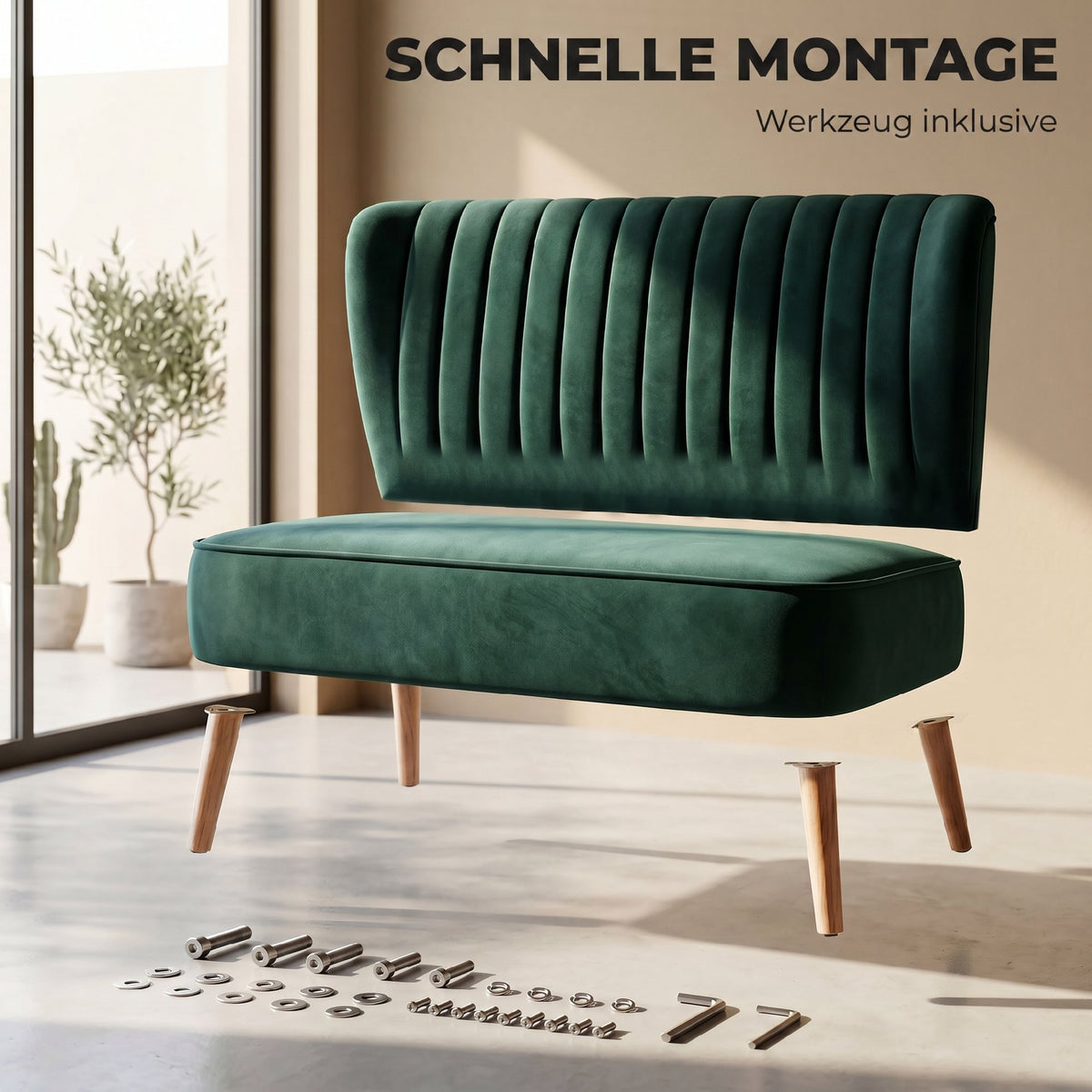 HOMCOM Sofa Retrodesign 2-Sitzer-Sofa, Holzbeine, 117 cm x 56,5 cm x 77 cm, Dunkelgrün – Produktabbildung 6
