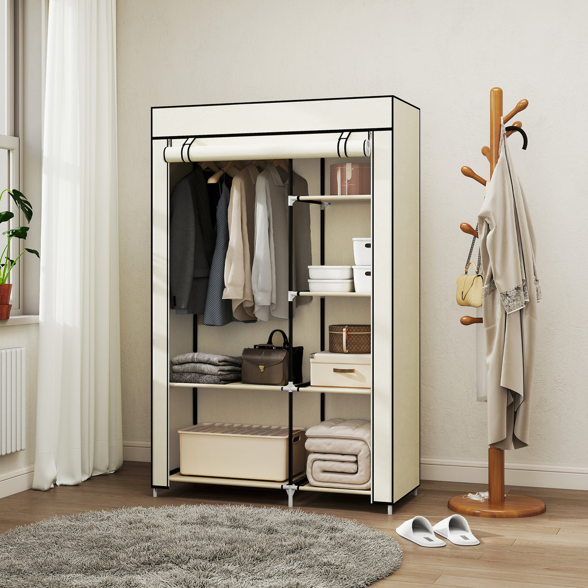 HOMCOM Schrank aus Stoff, Aufbewahrungslösung, 6 Regale, 1 Kleiderstange, Creme – Produktabbildung 2