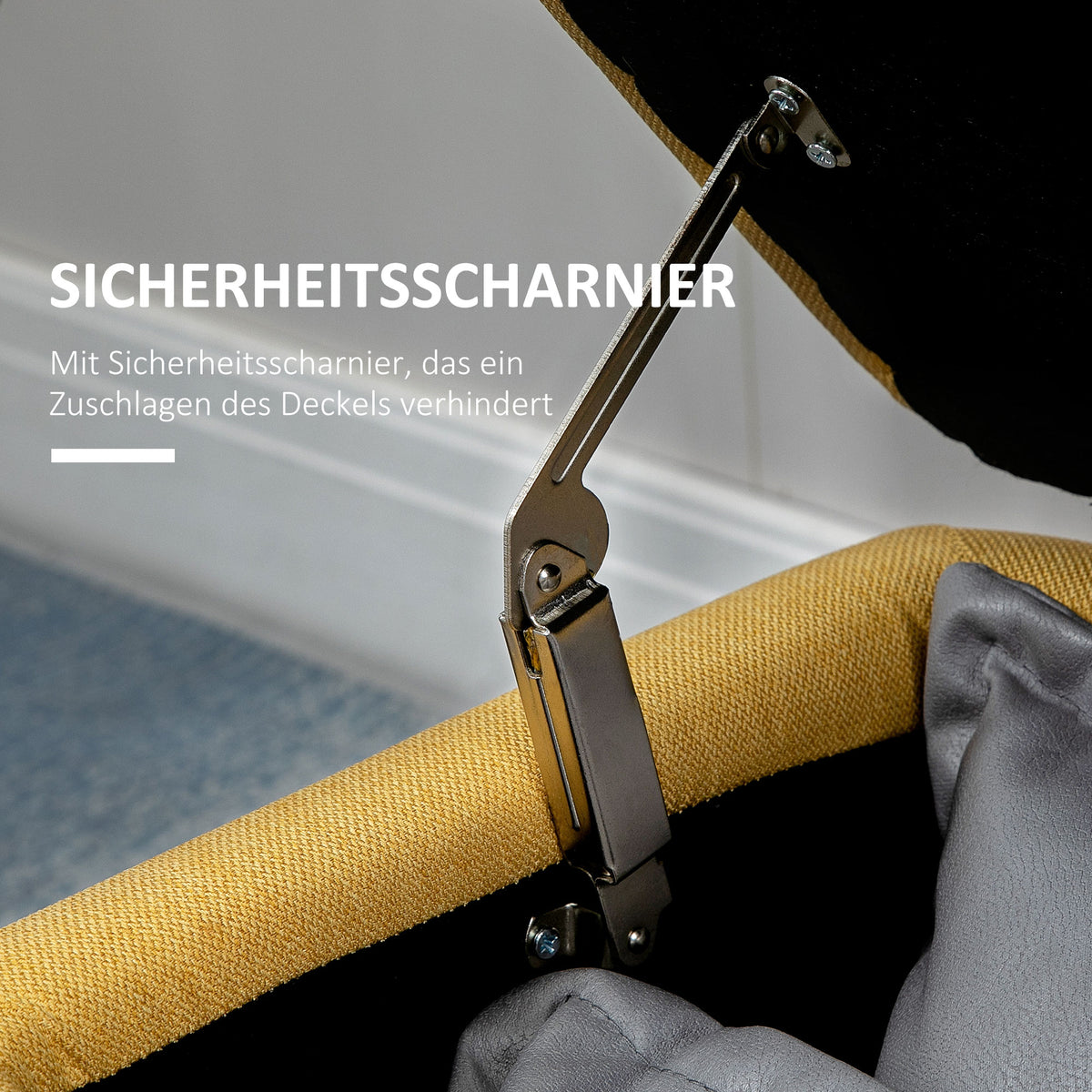 HOMCOM Sitzbank, Sitztruhe, Polsterbank, Leinenoptik, bis 150kg, 101x38,5x44,5 cm, Gelb – Produktabbildung 7