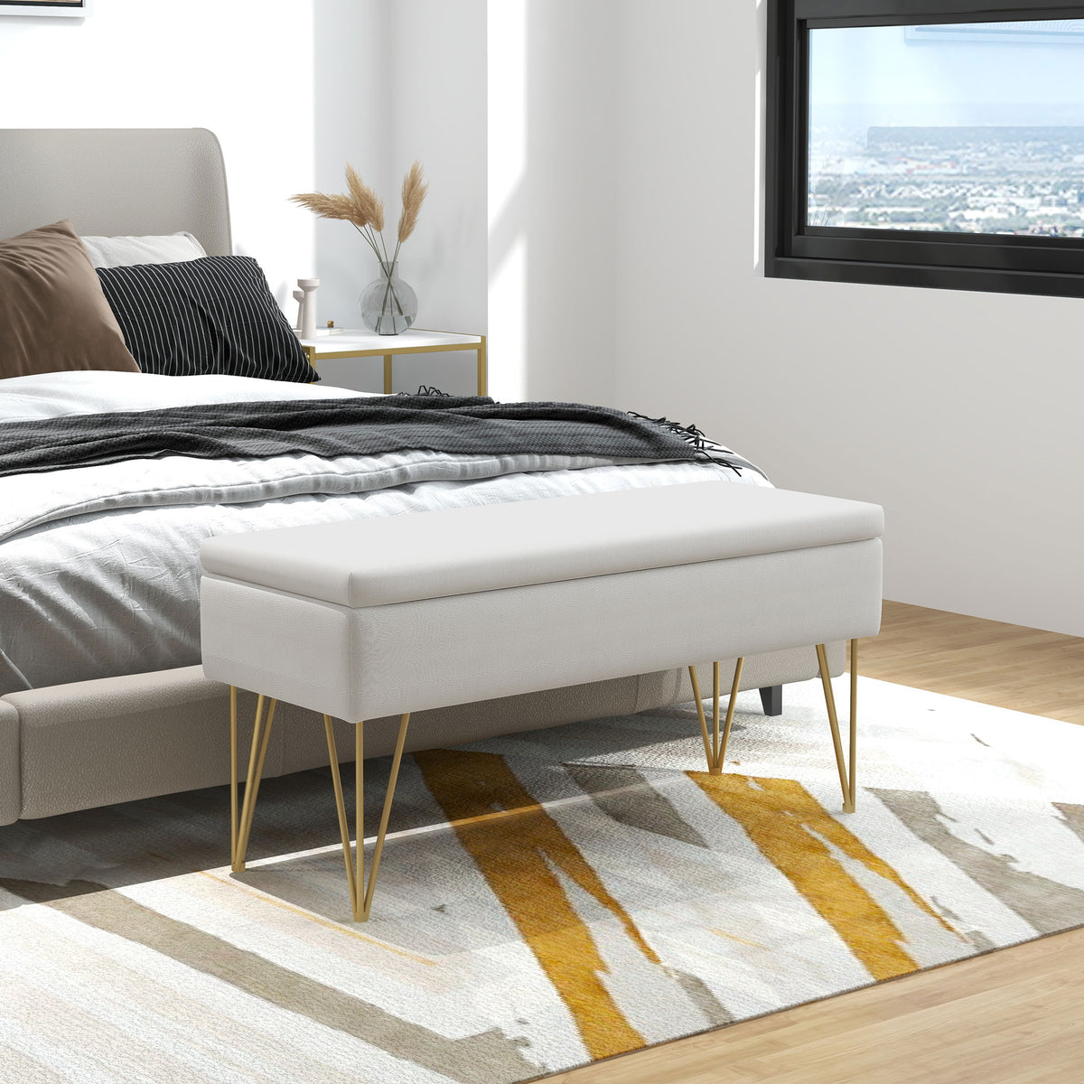 HOMCOM Bettbank mit Stauraum, dicke Polsterung, atmungsaktiver Stoff, Stahlfüße, 100x40x49 cm, Creme – Produktabbildung 2