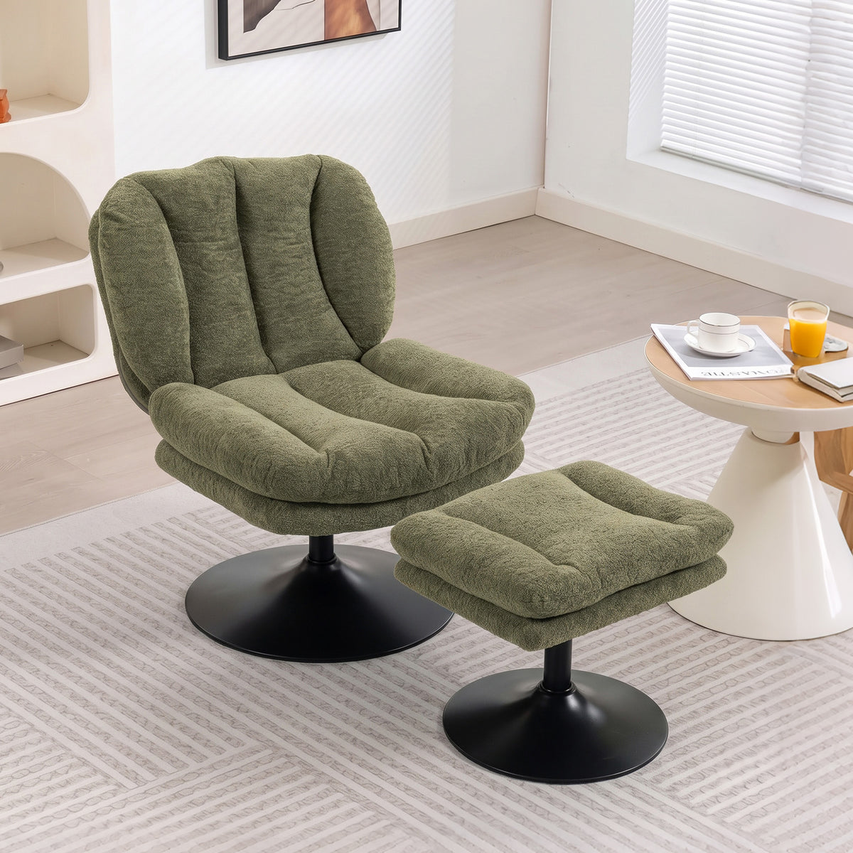 HOMCOM Loungesessel mit Hocker, 360° drehbar, aus Raindrop-Samt, höhenverstellbarer Fußhocker, Grün – Produktabbildung 2