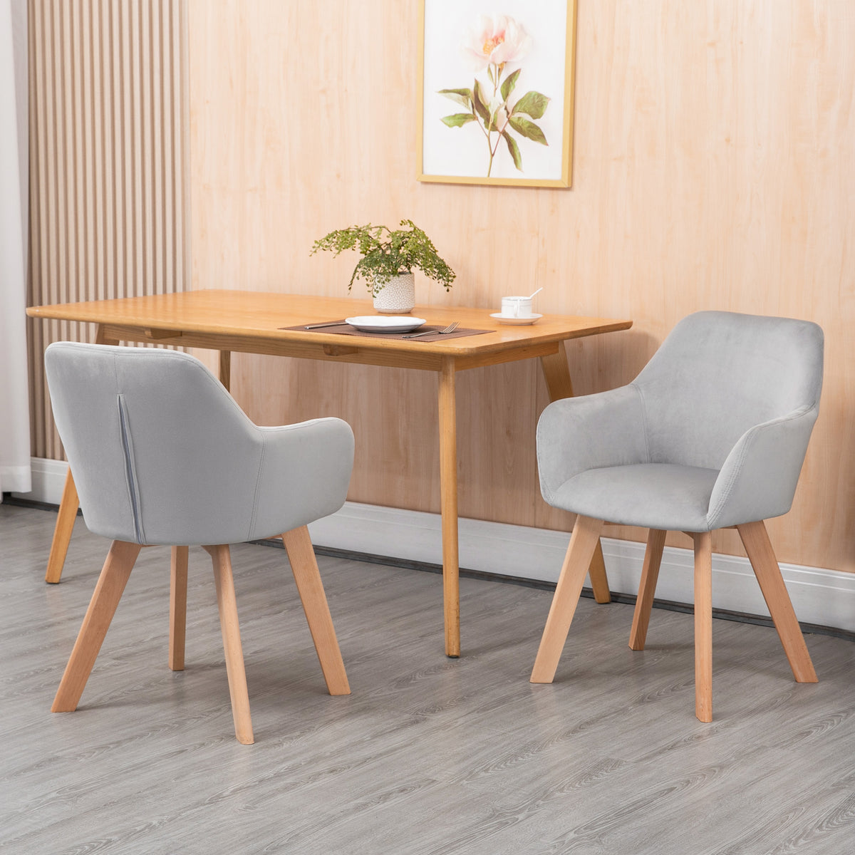 HOMCOM 2er-Set Stühle, Esszimmerstühle, Samtoptik, Holzbeine, 54 cm x 57 cm x 80 cm, Grau + Natur – Produktabbildung 2