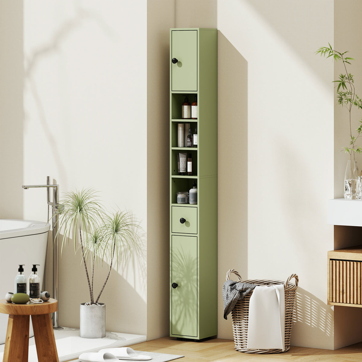 KleanKin Badezimmerschrank schmal mit Schublade und 4 offenen Fächern für kleine Räume 20 x 20 x 180 cm – Produktabbildung 2