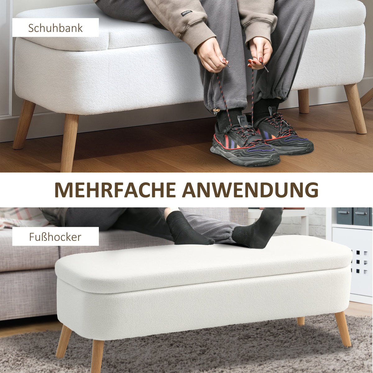 HOMCOM Aufbewahrungsbank, Sitzbank mit 65 L Stauraum, Teddy-Fleece-Stoff, Kautschukholz, 120 x 42 x 45 – Produktabbildung 6