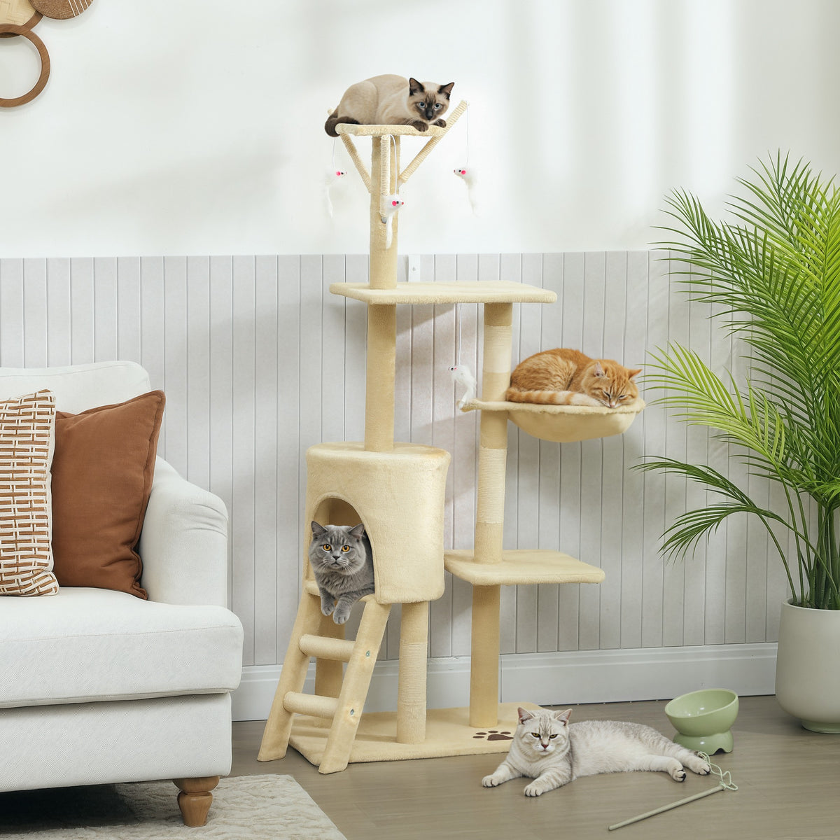 PawHut Kratzbaum Katzenbaum mit Höhle, 4 Spielzeuge, Sisalstämme, große Plattform, Treppe, für Katzen – Produktabbildung 2