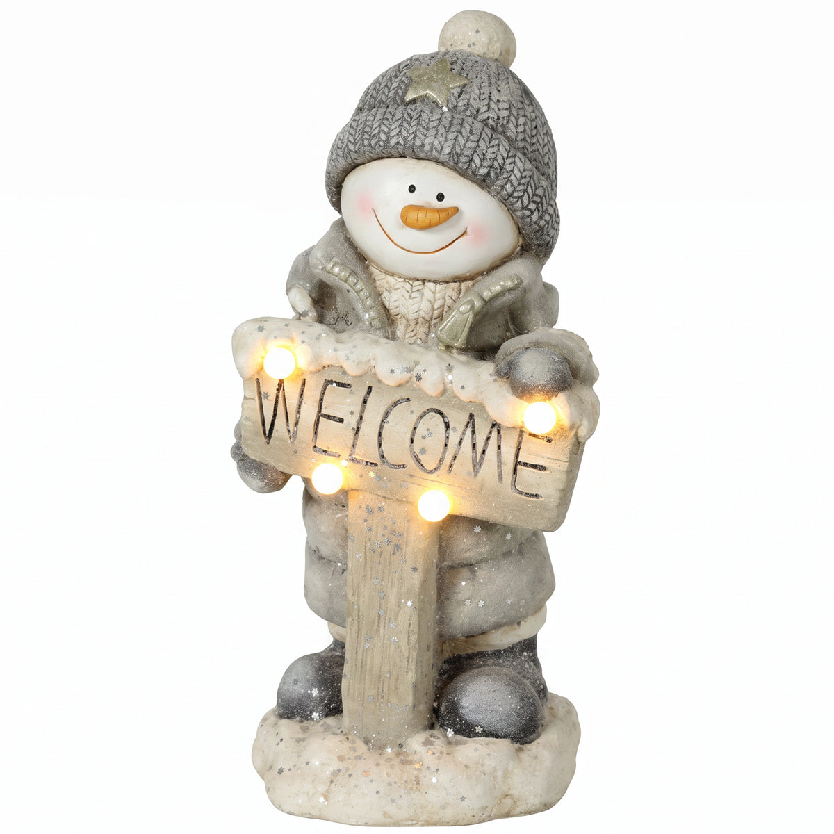 HOMCOM Weihnachtsdeko Schneemann-Figur, beleuchtete Weihnachtsstatue aus MGO mit Welcome-Schild, LEDs und