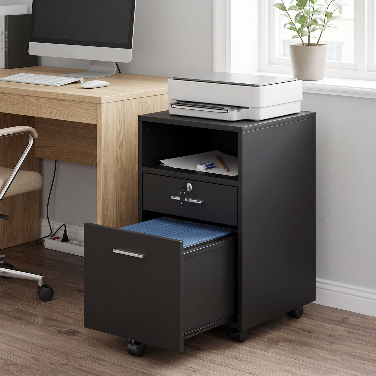 Vinsetto Büroschrank Rollcontainer, 2 Schubladen, eine Schublade abschließbar, 5 Rollen, Schwarz, 40 x – Produktabbildung 2