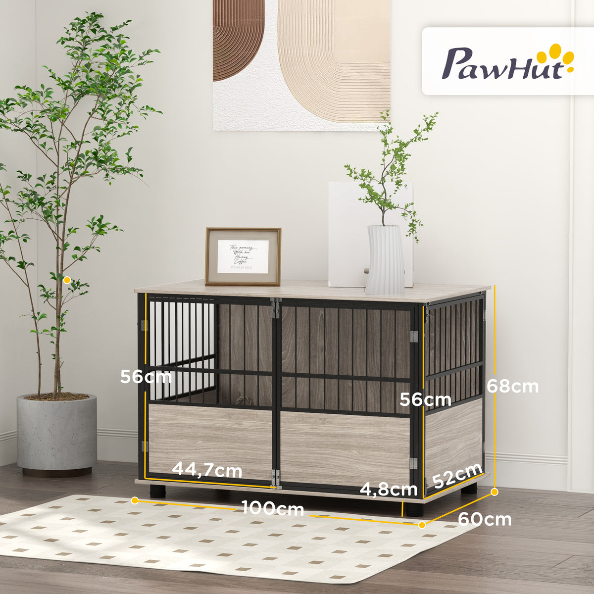 PawHut Hundebox, robust & stilvoll, 100x60x68cm, Walnussholz-Finish & Schwarz – Produktabbildung 3
