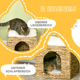 PawHut Katzenhöhle aus Wasserhyazinthen-Gras, 2 Liegefläche, 2 waschbare Kissen, Natur + Weiß – Produktabbildung 5