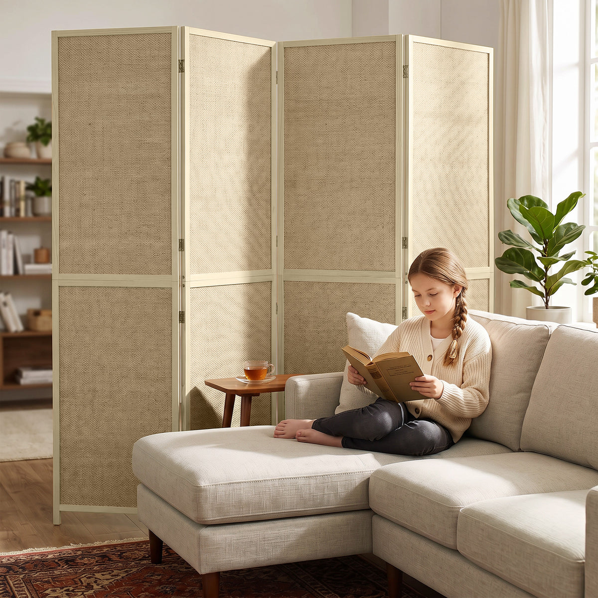 HOMCOM Paravent mit 4 Paneelen, faltbare Trennwand aus handgeflochtenem Bambus, 180 x 180 cm, Natur – Produktabbildung 8