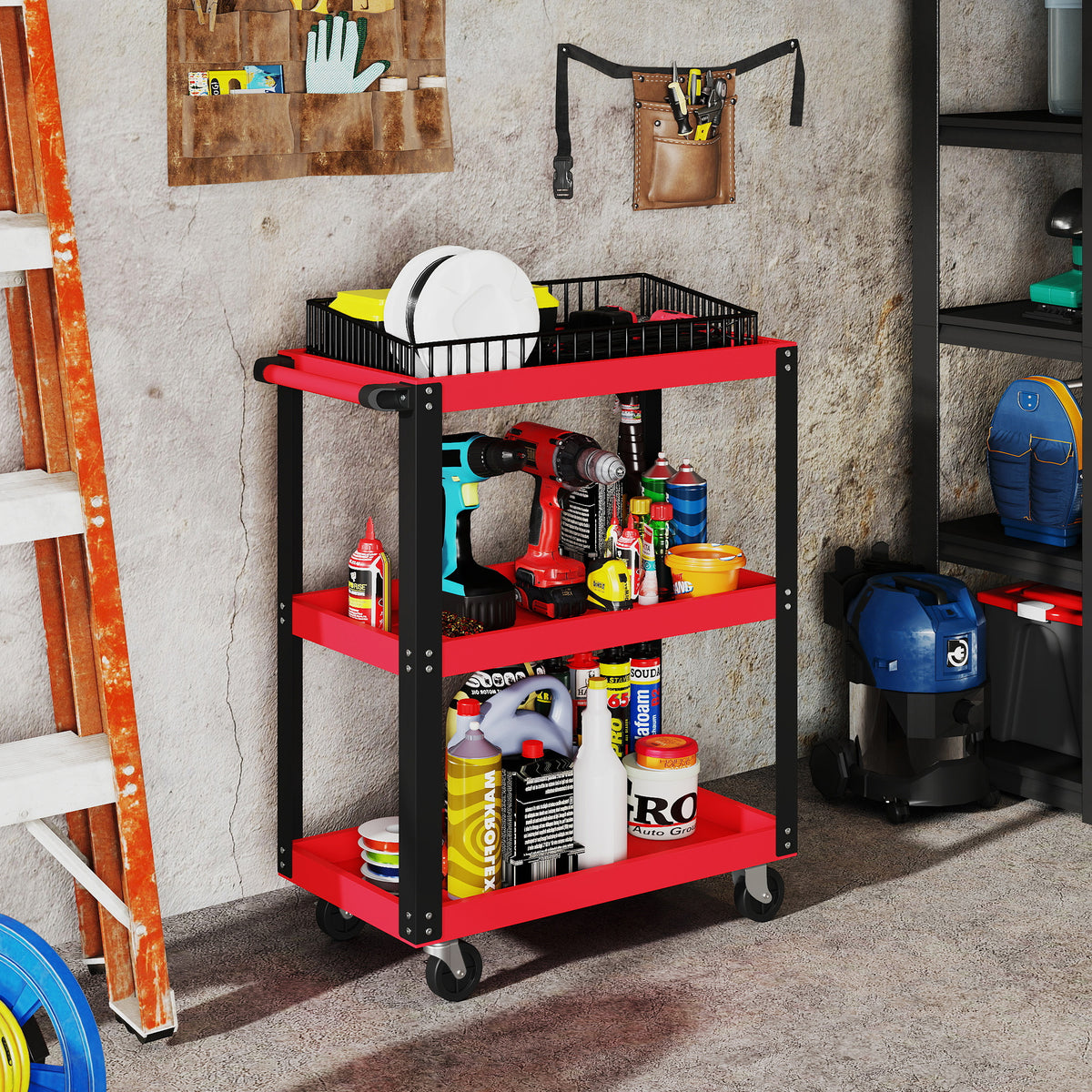 HOMCOM Werkzeugwagen mit 3 Ebenen, Metallrahmen, 120 kg Belastbarkeit, Rollen, Griff, Rot – Produktabbildung 2