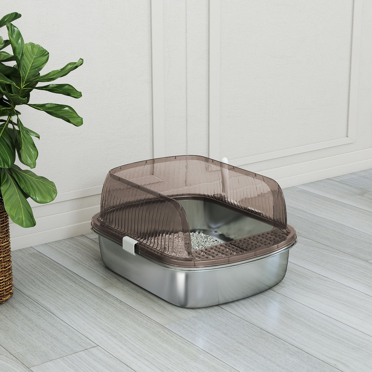 PawHut Katzenklo Edelstahl, Katzentoilette mit hohem Rand, Wanne, inklusive Schaufel, für große Katzen – Produktabbildung 8