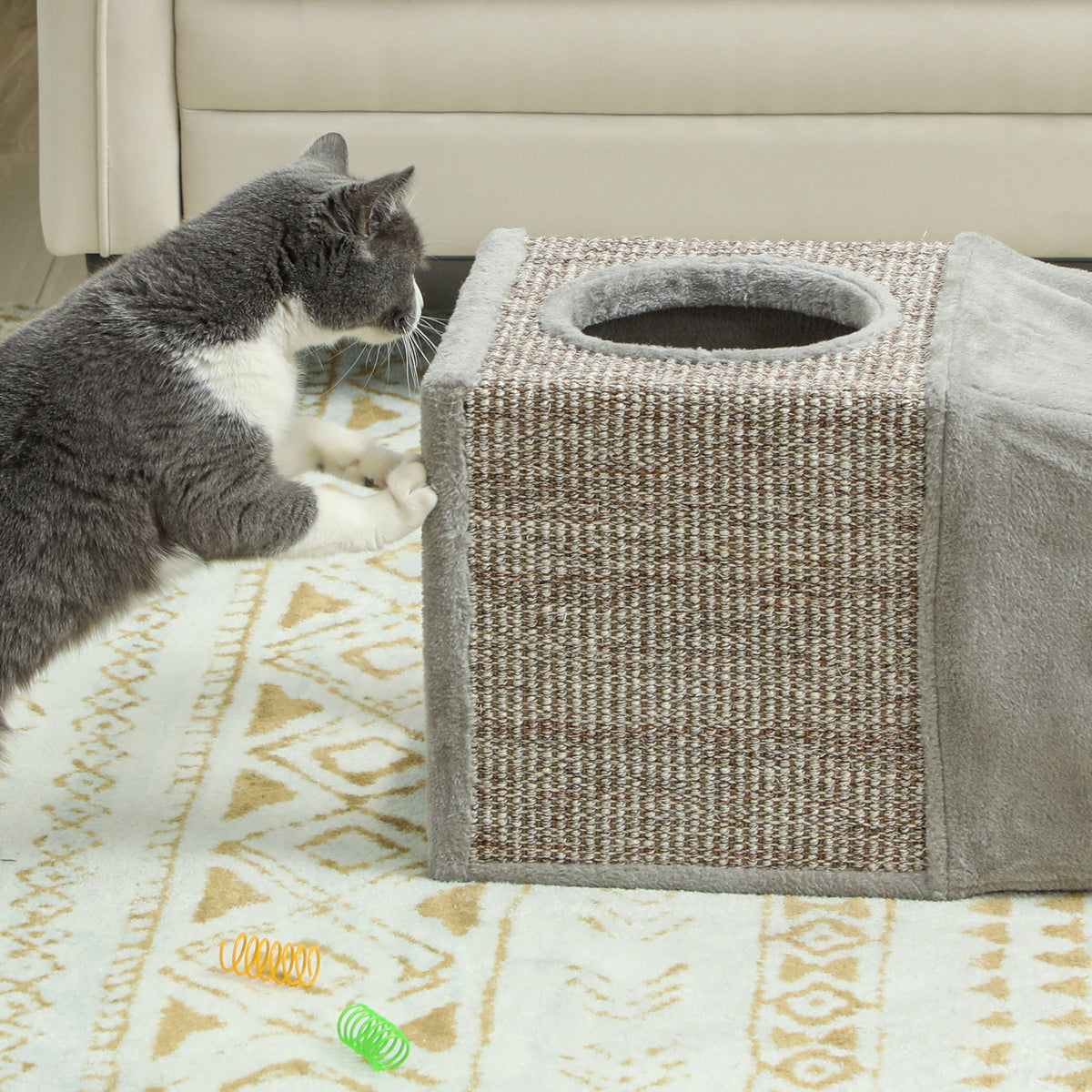 PawHut Katzentunnel, 2 Katzenhöhlen, Kratzflächen und Ballspielzeug, 98 cm x 30 cm x 30 cm, Braun + – Produktabbildung 18