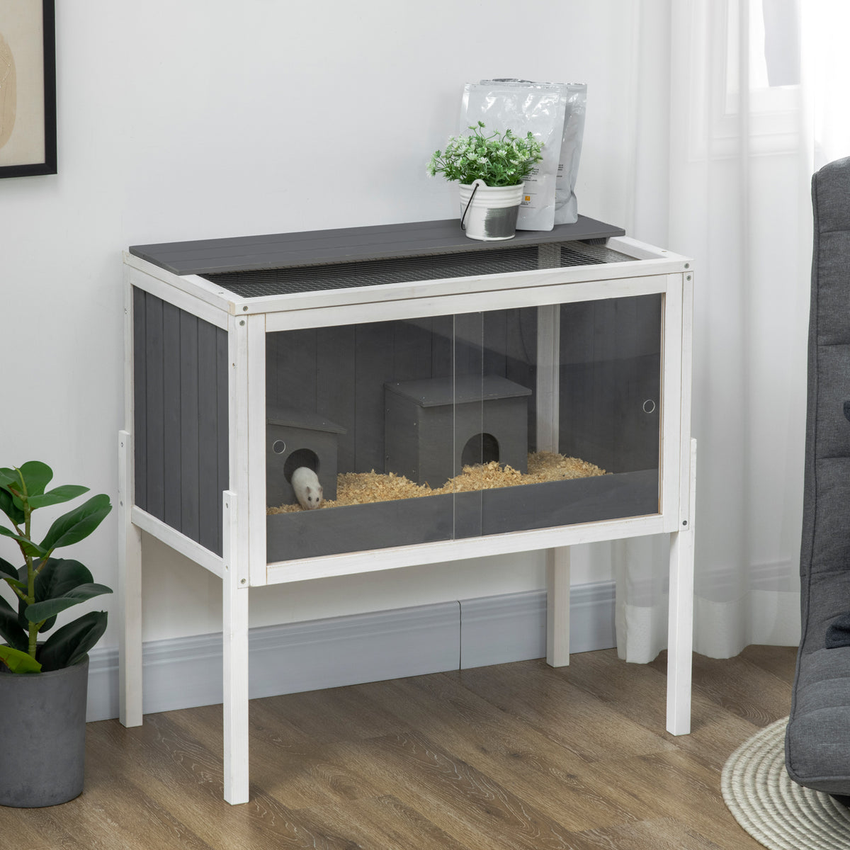PawHut Hamsterkäfig, 3000 cm² Zwerghamsterkäfig aus Holz und Metall, mit 2 Hütten, Acrylschiebetüren – Produktabbildung 2