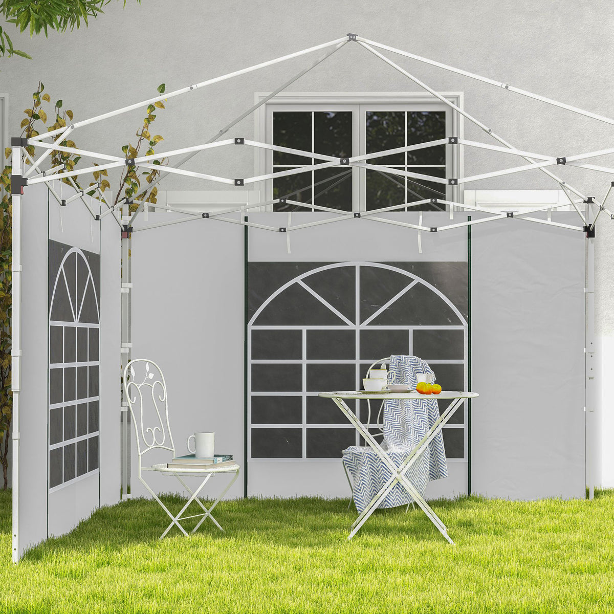 Outsunny Pavillon-Vorhänge, 2er-Set, für 3x6m oder 3x3m Gartenpavillons, mit Fenstern und Türen, Weiß – Produktabbildung 2