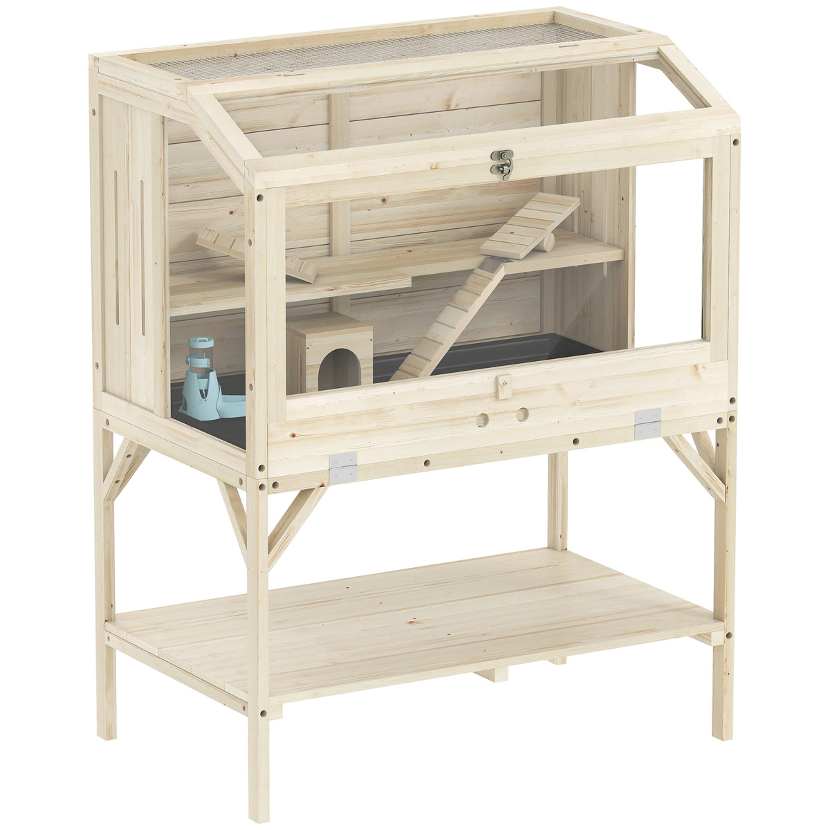 PawHut Hamsterkäfig, 2 Ebenen, Kleintierkäfig mit Aufbewahrungsfach, Zubehör, 84 x 53 x 110 cm, Naturholz