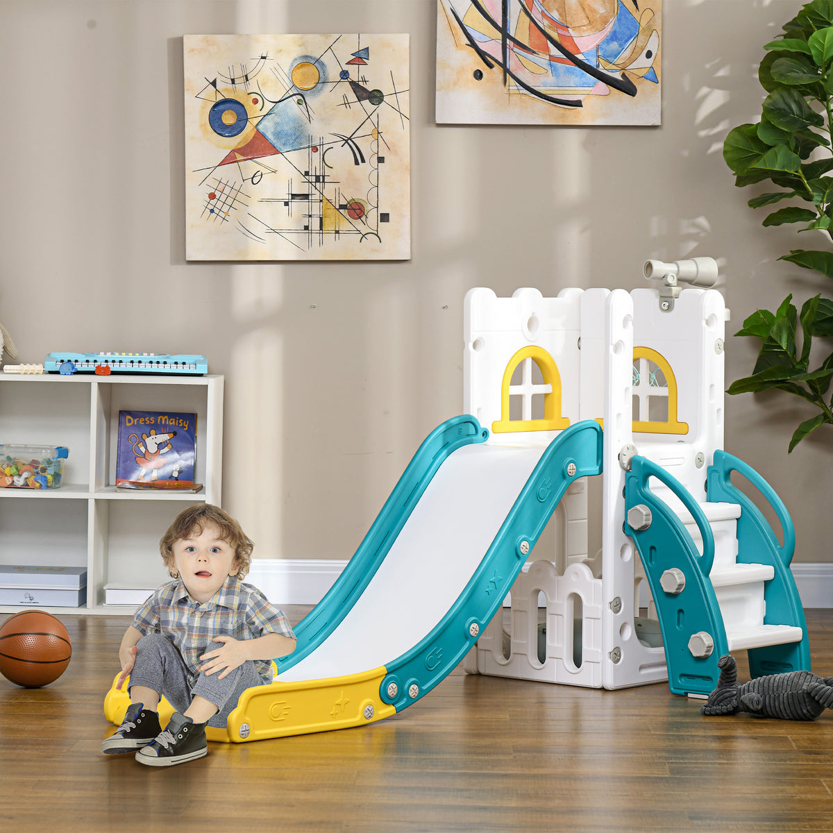 Kinderrutsche, 5 in 1, Kleinkinderrutsche mit Basketballkorb, Teleskop Klettergerüst Gelb 70 x 177 x 92 – Produktabbildung 2