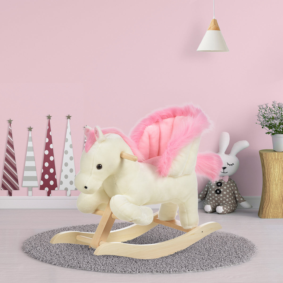HOMCOM Schaukelpferd Schaukeltier mit Sound Effekt, Haltegriffen, Plüsch Baby Schaukelspielzeug Schaukel – Produktabbildung 2