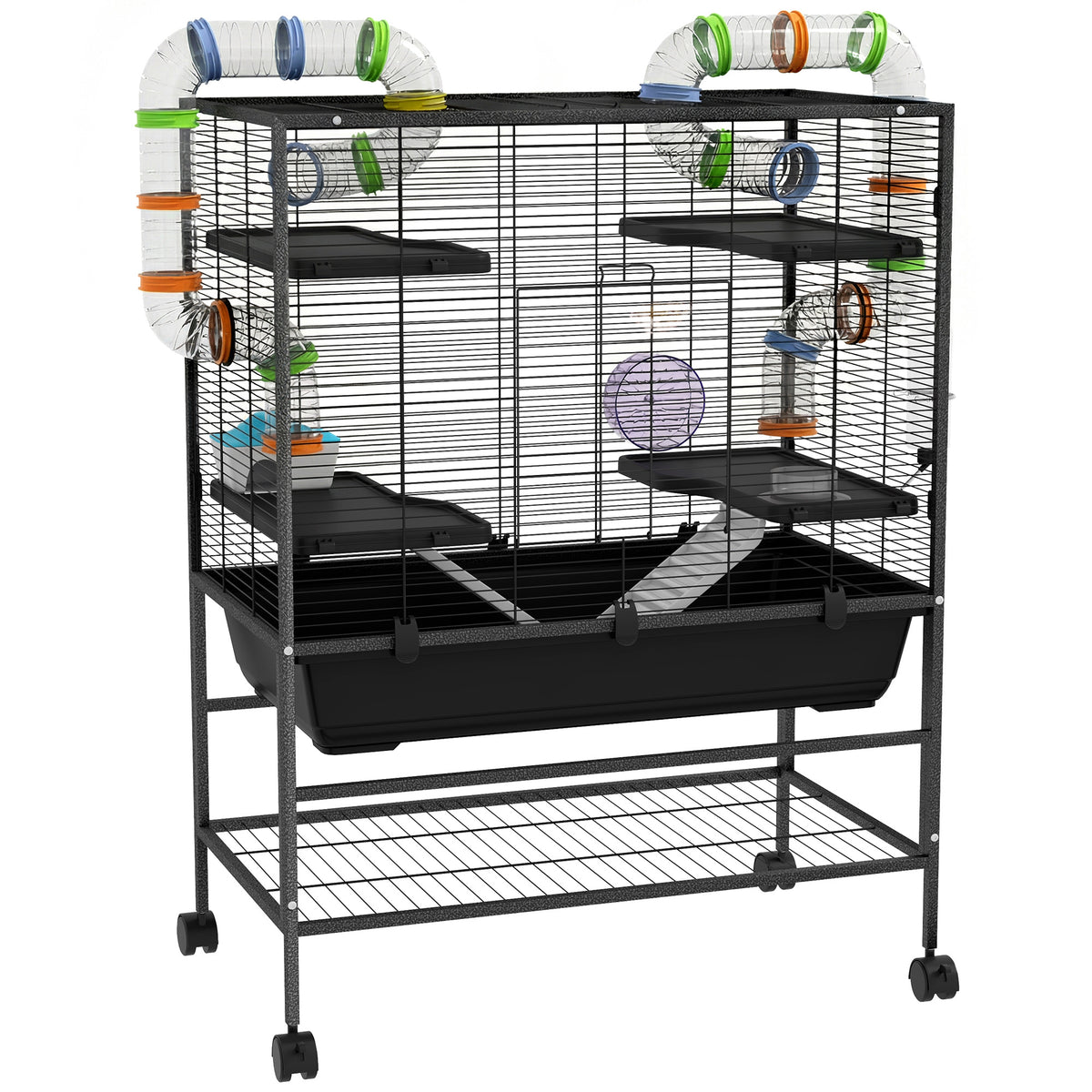 PawHut Hamsterkäfig mit Röhren, Laufrad, Häuschen, Wasserspender, Ablagefläche, Schwarz