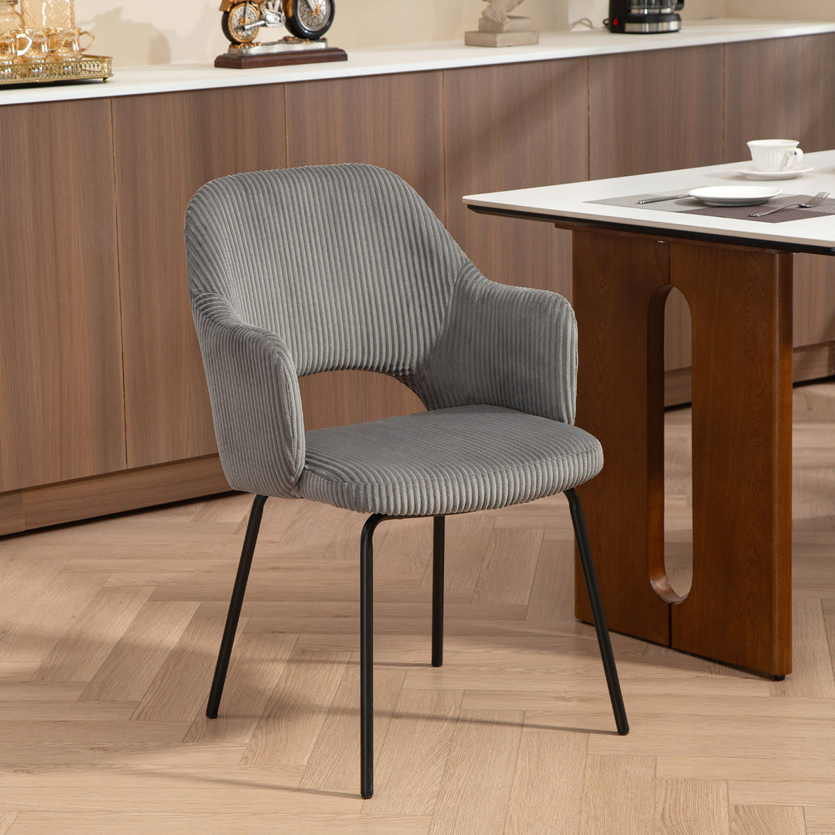 HOMCOM Esszimmerstuhl, Cordbezug, Schalenform, Metallbeine, Fußpolster, Grau – Produktabbildung 2