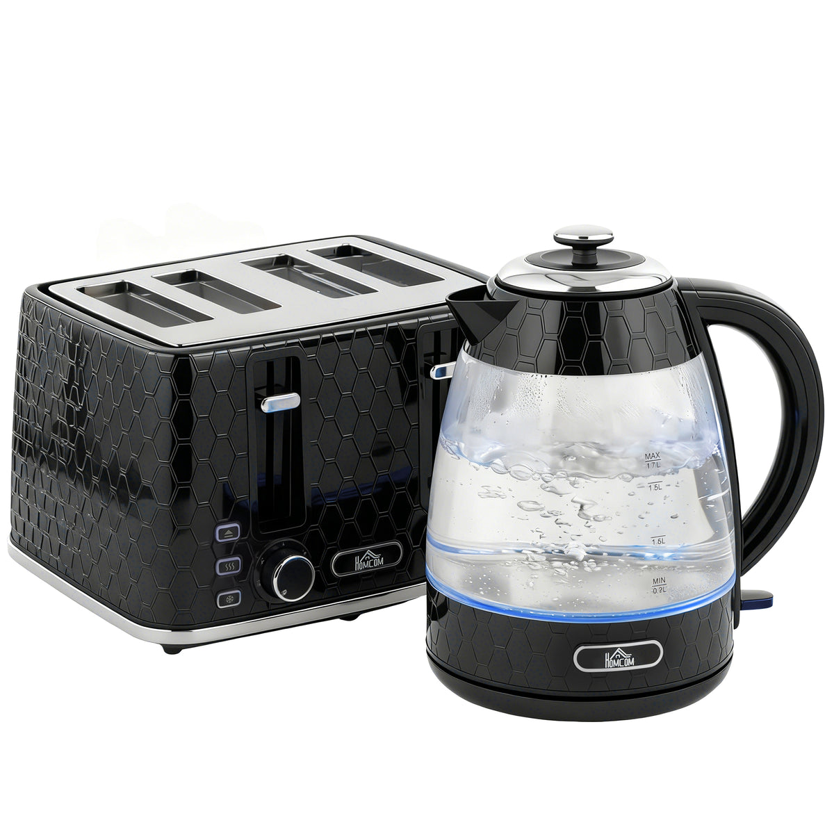 HOMCOM 1,7L 2200W Schnellkoch-Wasserkocher und 4-Scheiben-Toaster-Set mit Kalkfilter, Schwarz