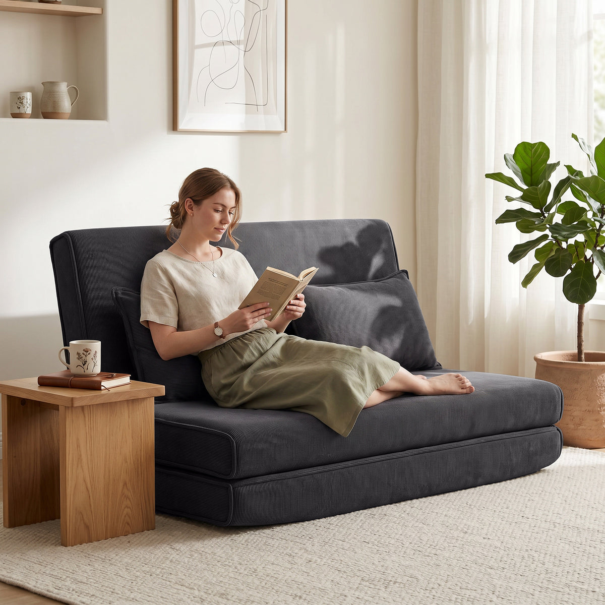 HOMCOM Bodenstuhl mit Rückenlehne, Cord-Klappsofa als Gästebett, Verstellbare Rückenlehne, Breiter Sitz – Produktabbildung 2