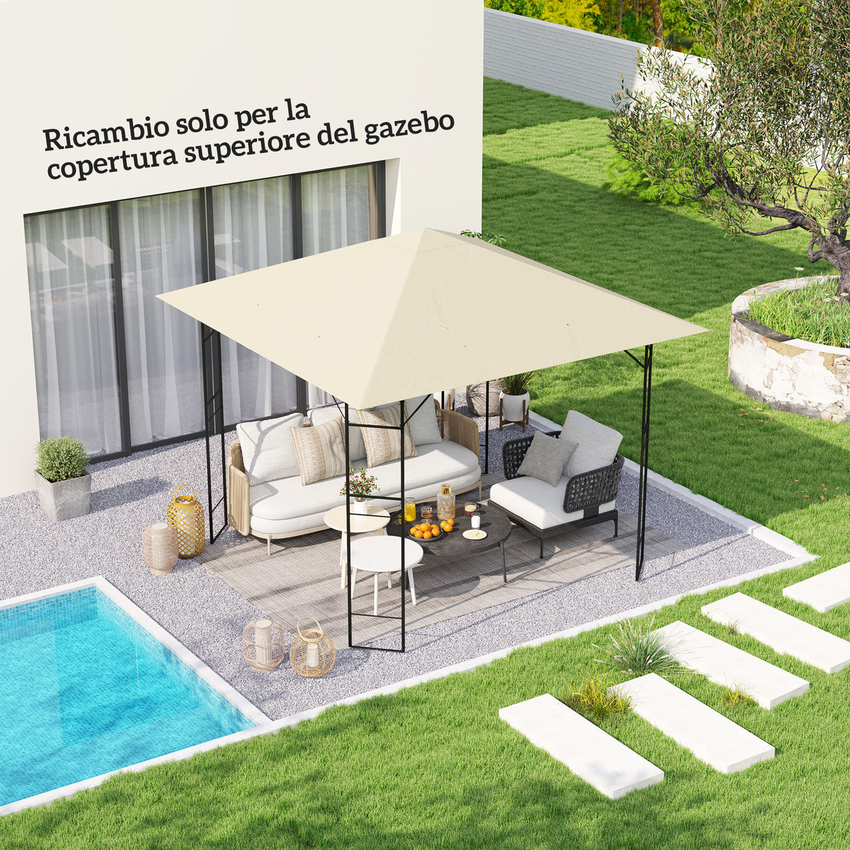 Outsunny Gartenpavillon-Dach 3x3 m mit 8 Entwässerungslöchern, aus Oxford 600D Gewebe, Cremeweiß – Produktabbildung 2