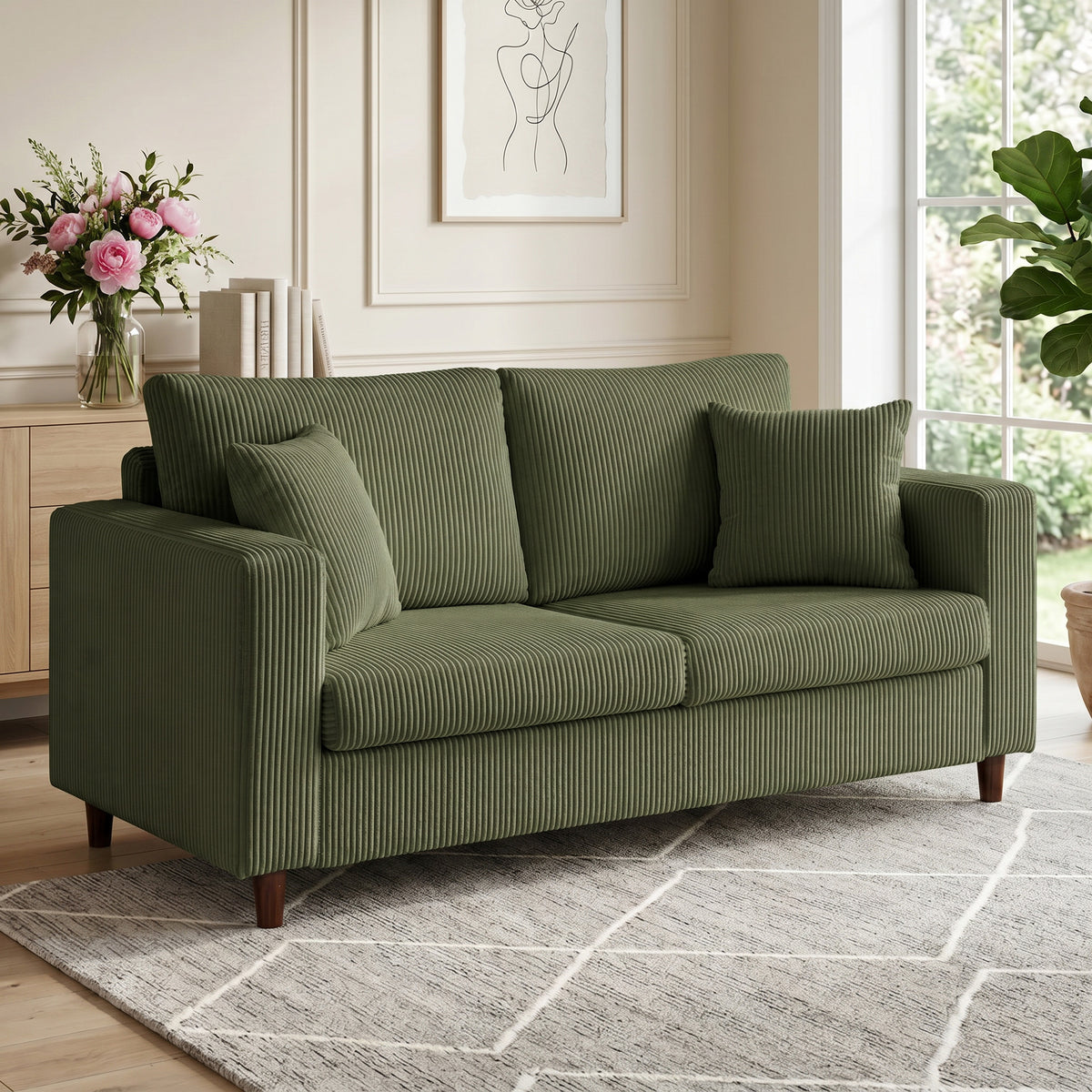 HOMCOM 2-Sitzer-Cordsofa mit breiter tiefer Sitzfläche und Federkernpolster, grün – Produktabbildung 2