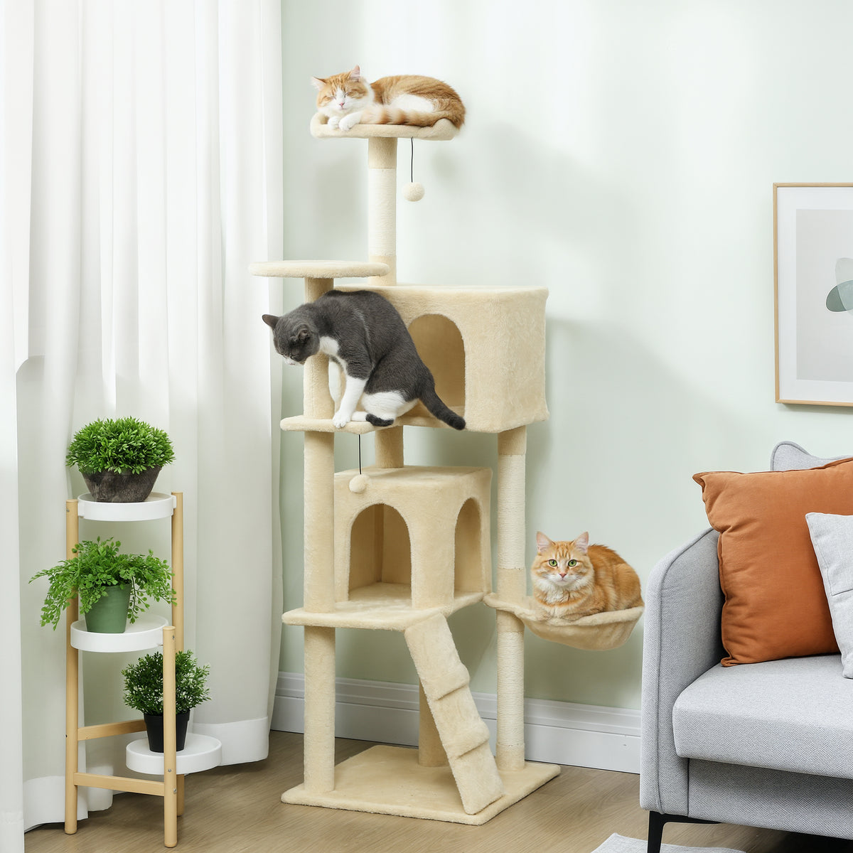 PawHut Kratzbaum 160 cm Katzenturm mit Hängematte, Leiter, Höhle, 2 Plüschballen, Sisalstämme, 48 x 48 x – Produktabbildung 2