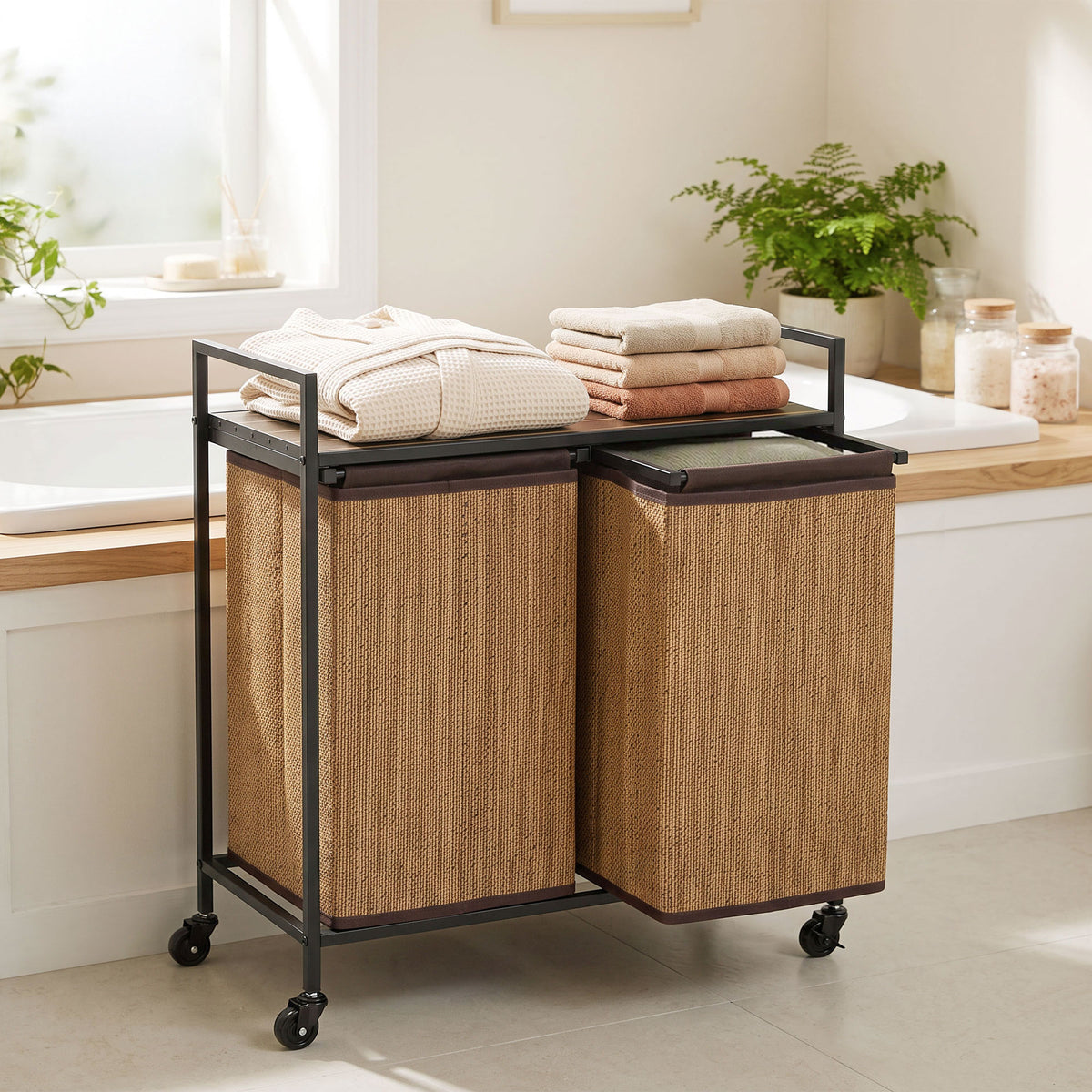HOMCOM Wäschekorb Bambus 2 Fächer 120 L Wäschesammler mit Regal Ablage, Wäschebox Wäschesack, Rollbar – Produktabbildung 2
