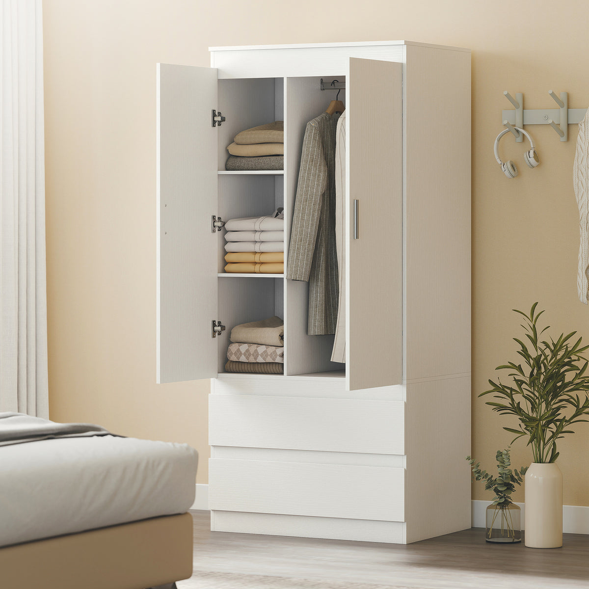 HOMCOM Schlafzimmer-Garderobe mit 2 Türen, 2 Schubladen, 3 Fächer, Holz, Weiß – Produktabbildung 2