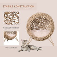 PawHut Katzenhaus aus Rattan mit Kissen Katzenschlafplatz Katzenhöhle mit erhöhten Füßen Natur Ø52 x 58 – Produktabbildung 4