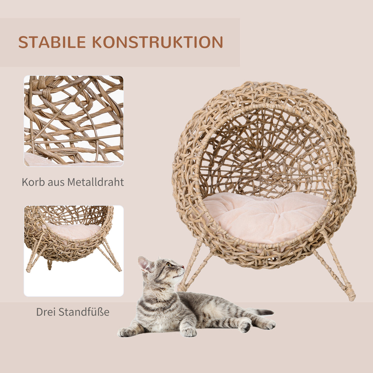 PawHut Katzenhaus aus Rattan mit Kissen Katzenschlafplatz Katzenhöhle mit erhöhten Füßen Natur Ø52 x 58 – Produktabbildung 4