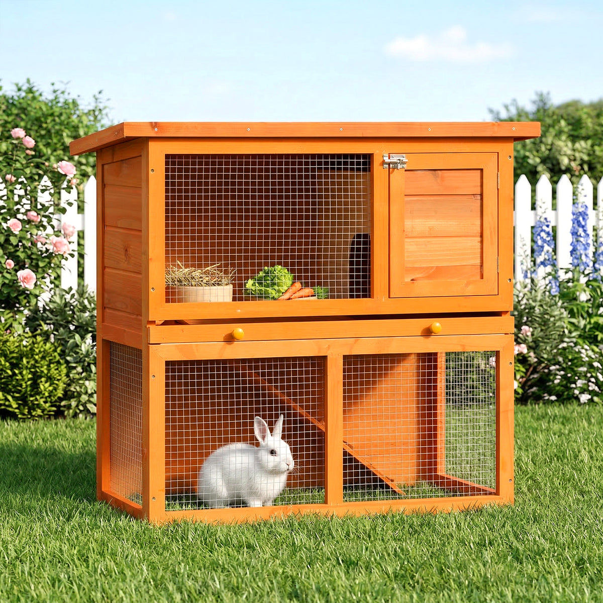 PawHut Kleintierstall 2 Ebenen wetterbeständig Tannenholz Natur + Grün – Produktabbildung 2