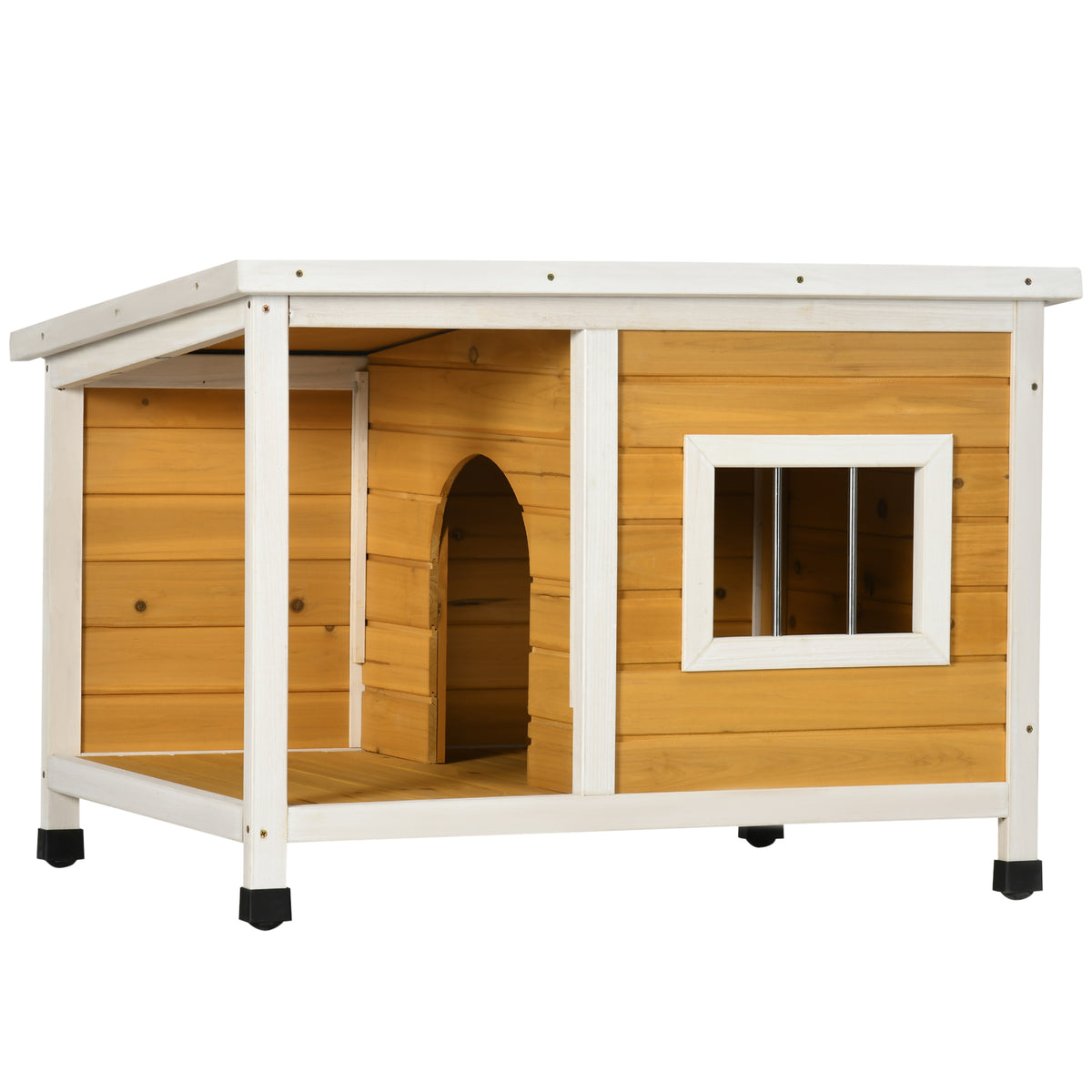 PawHut Hundehütte mit Veranda, aufklappbares Dach, Fenster, verstellbare Füße, Naturholz, orange, 85,5 x 62 x