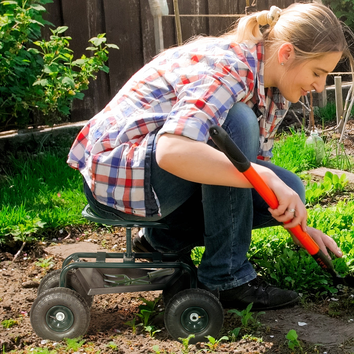 Outsunny Gartenwagen mit Sitz, drehbar, höhenverstellbar, bis 150 kg, Stahl, Dunkelgrün – Produktabbildung 2