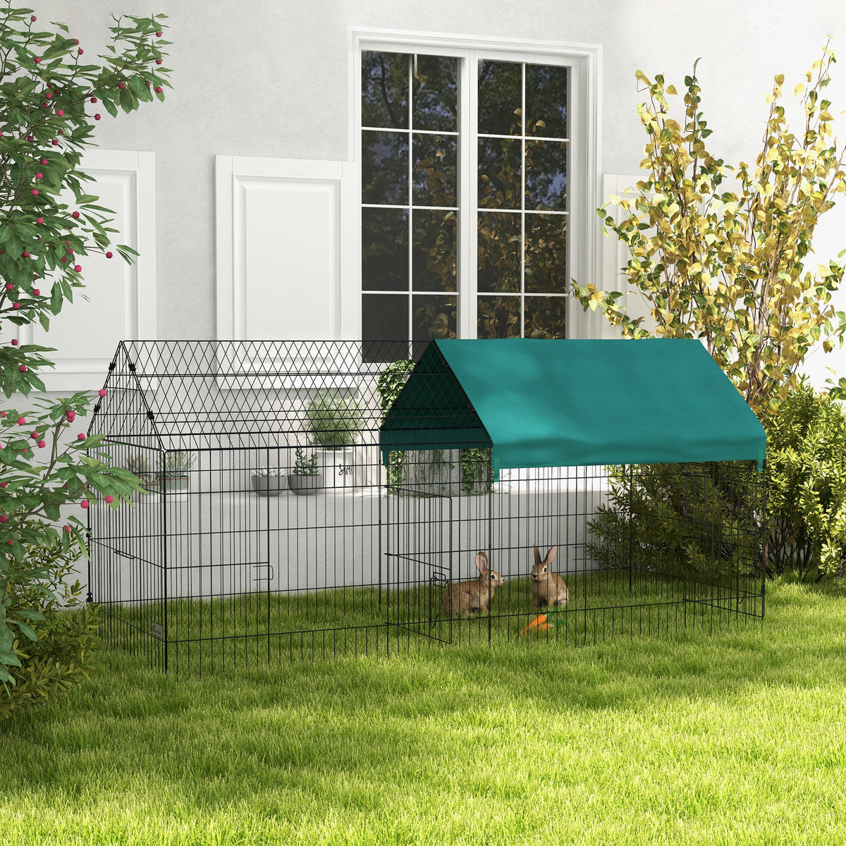 PawHut Kleintiergehege mit Dach, 4 Türen, wetterfest, Stahl/Polyester, 220x85x103cm, Grün/Schwarz – Produktabbildung 2