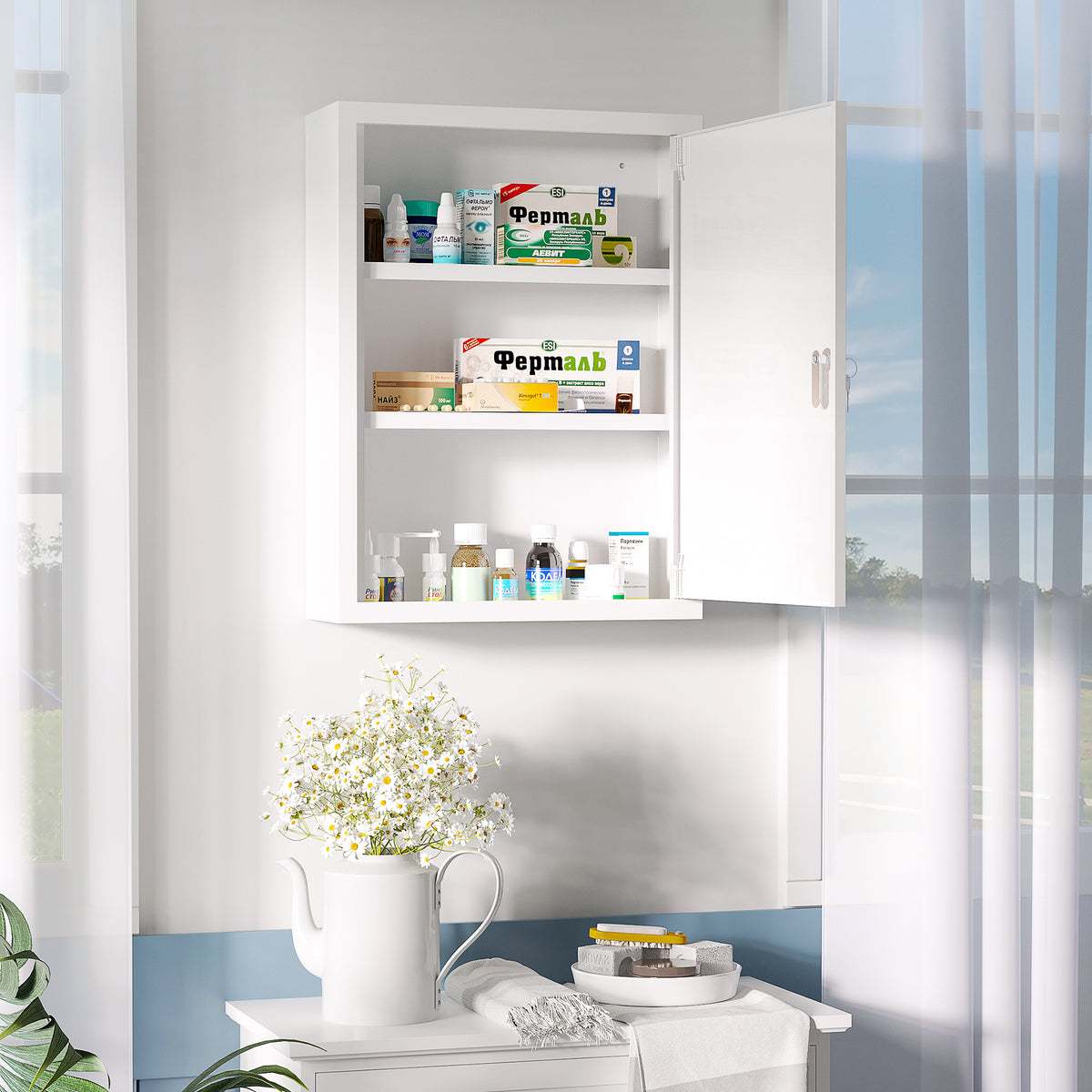 KleanKin Medizinschrank, 3 Fächer, abschließbare Tür, stabiles Stahlgehäuse, weiß, 40 x 15 x 53,5 cm – Produktabbildung 2