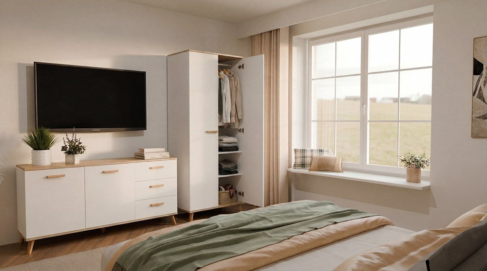 Kleiderschrank OLYMPO 2D WEISS EICHE ARTISAN 80 cm Kleiderstange 2 Türen Schlafzimmer – Produktabbildung 2