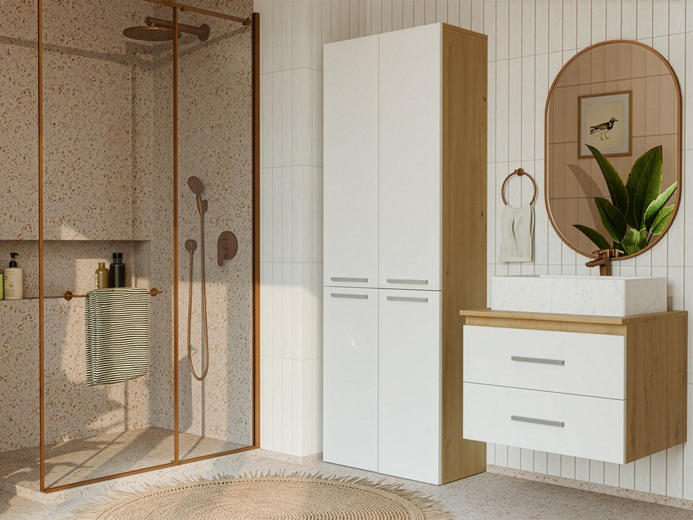 Badezimmerschrank NEL 2K DD Regal Hochschrank 2 Wäschekörbe WEISS EICHE ARTISAN – Produktabbildung 2