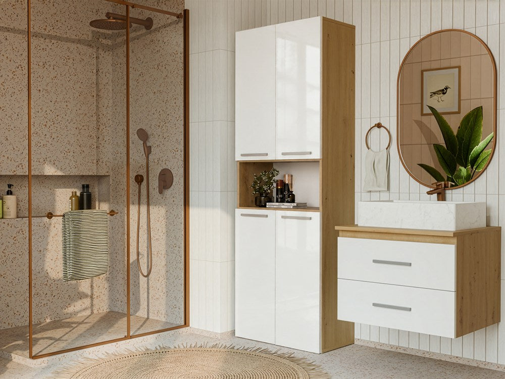 Badezimmerschrank NEL 2K DK Regal Hochschrank 2 Wäschekörbe WEISS HOCHGLANZ EICHE ARTISAN – Produktabbildung 2