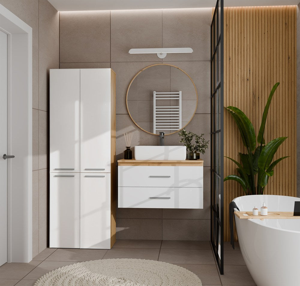 Badezimmerschrank NEL 2K DD Hochschrank 2 Wäschekörbe WEISS HOCHGLANZ EICHE ARTISAN – Produktabbildung 2