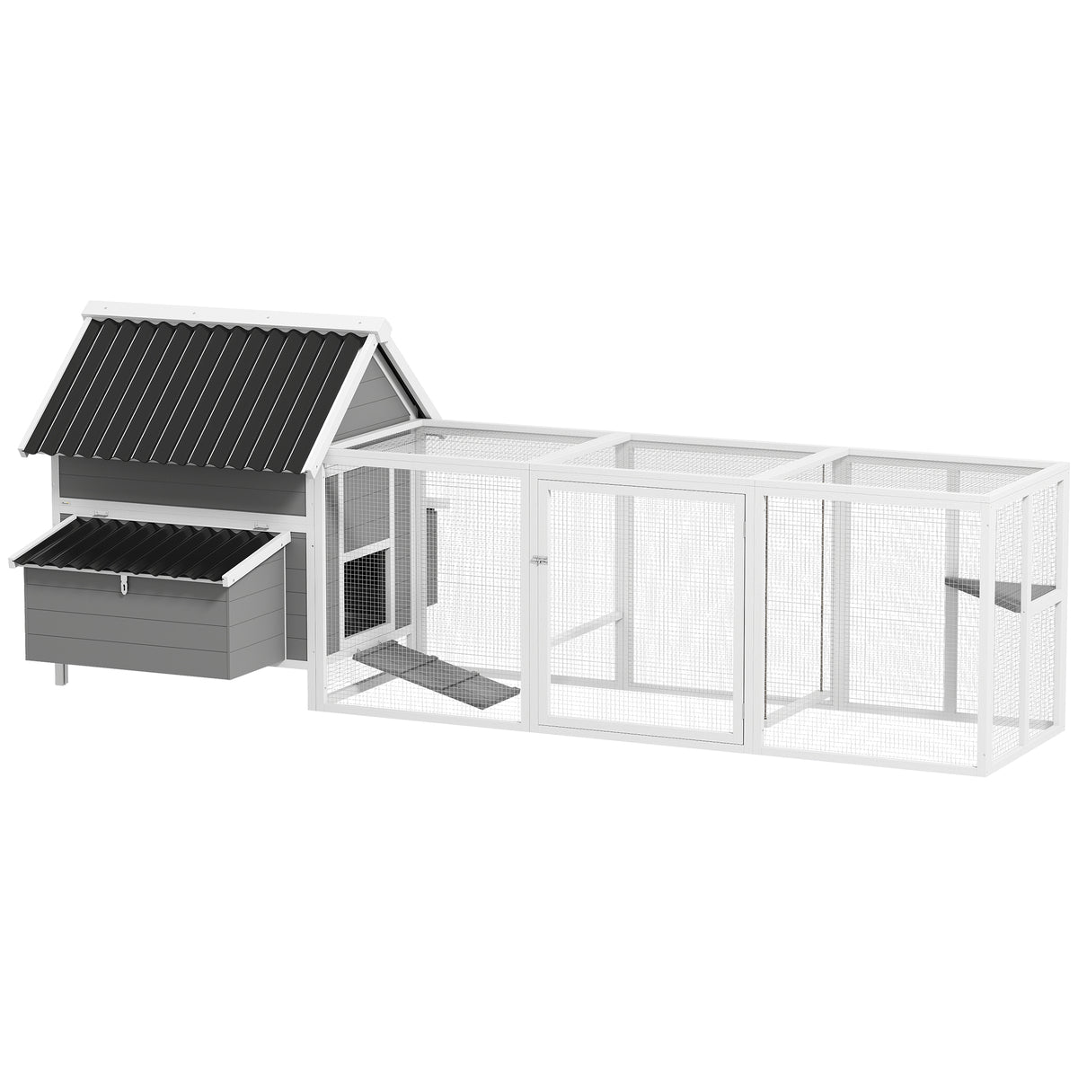 PawHut Großer Hühnerstall für 7-10 Hühner, Sitzstangen, Schaukel, Fenster, Nistkästen, Maschendraht, Grau