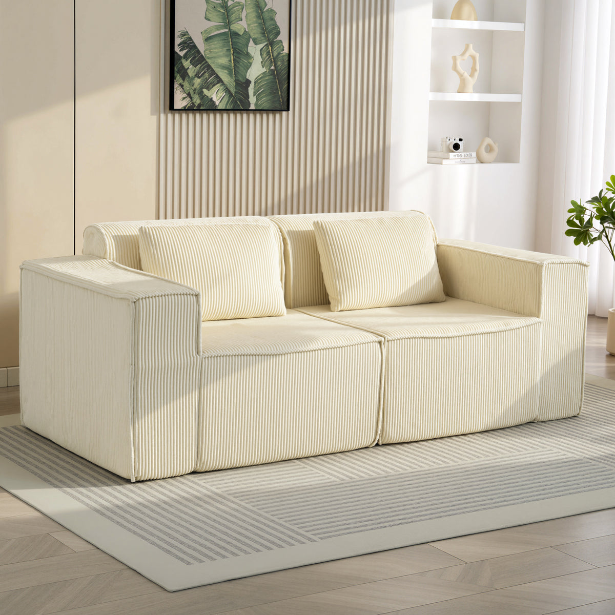 HOMCOM 3-Sitzer-Sofa, weiche Schaumstoffstruktur, breite Armlehnen, 2 Kissen, Cordbezug, Beige – Produktabbildung 2