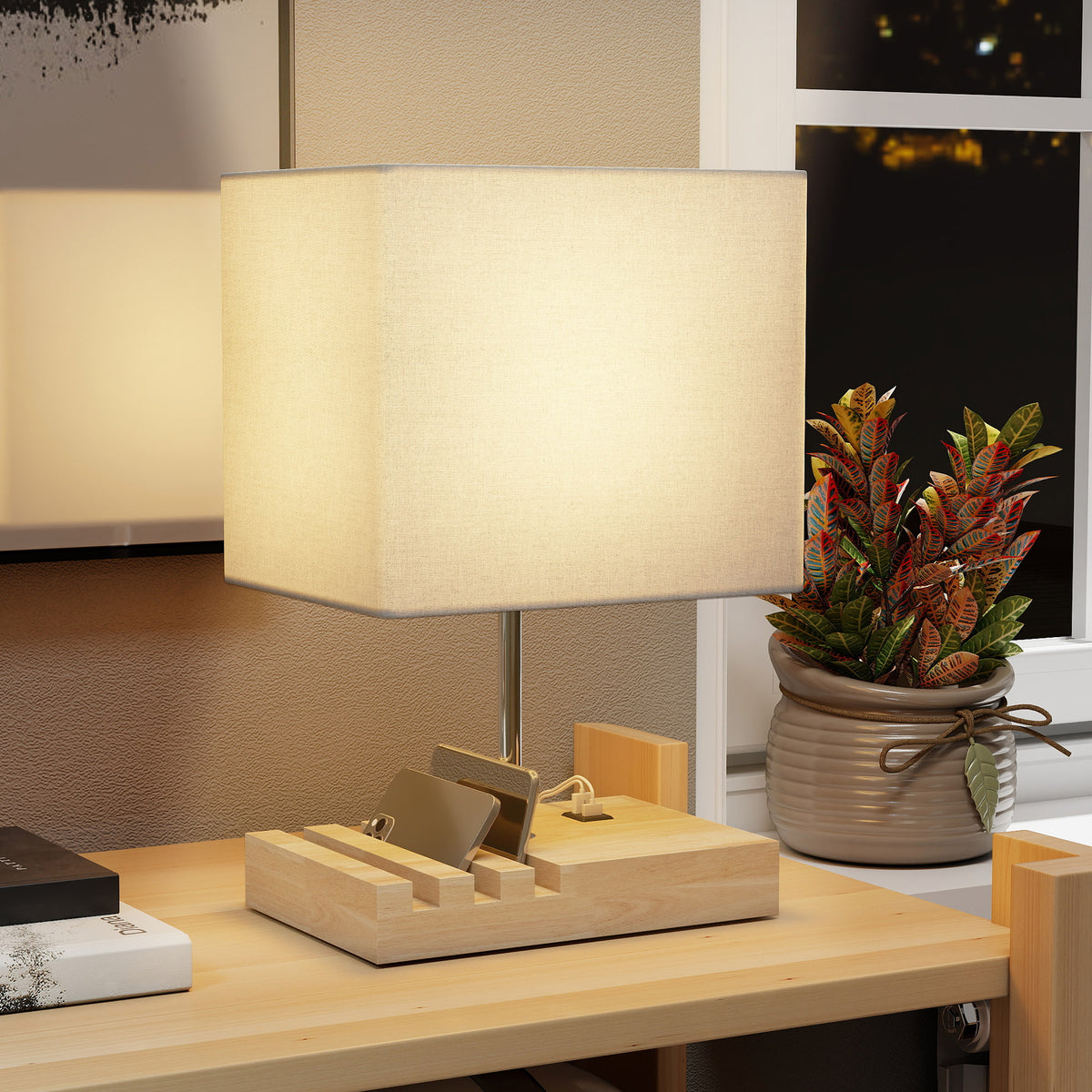 HOMCOM Nachttischlampe, USB-Anschlüsse, Holz, Stoff, Wippschalter, Ablagefächer, Weiß – Produktabbildung 2