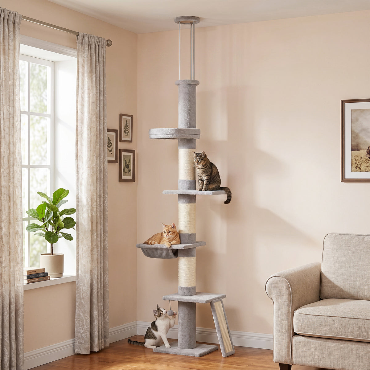 PawHut Kratzbaum Deckenhoch 230–260 cm höhenverstellbar Katzenbaum mit 5 Etagen 3 dicke – Produktabbildung 2