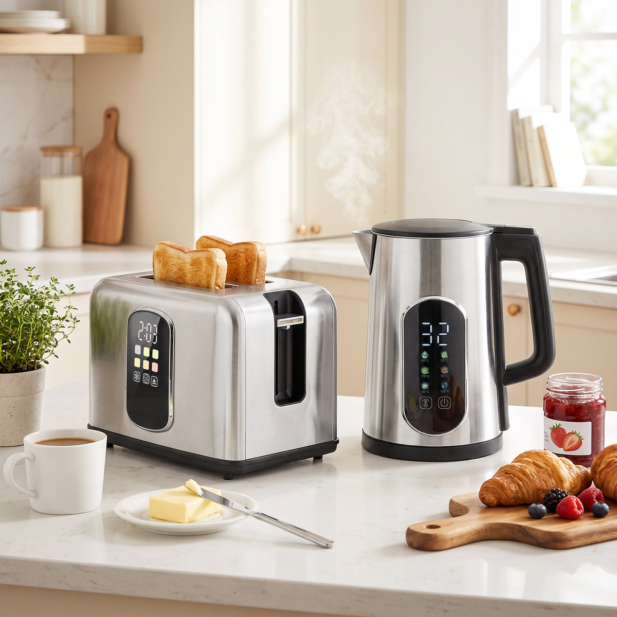 HOMCOM 1,5-l-Wasserkocher, 2200 W, mit LED-Touchscreen, 2-Scheiben-Toaster mit 6 Bräunungsstufen, Silber – Produktabbildung 2